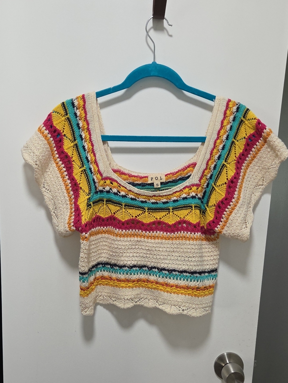 POL Crochet Knit Scoop Neck Top in Cream with Multicolor Stripes
